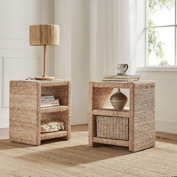 Side Table Grass Rope Wrap Natural Textured Open Shelving
