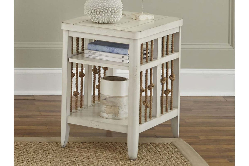 Side Table Knotted Rope Accents Distressed White Nautical