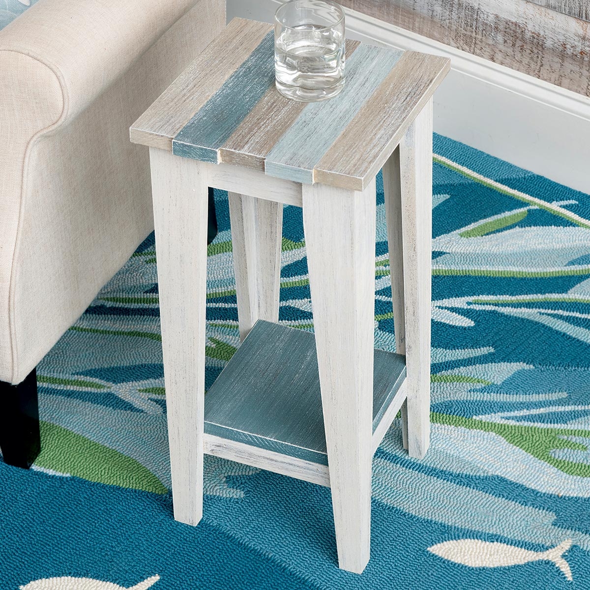 Side Table Multi Toned Planked Top Beach Cottage Accent