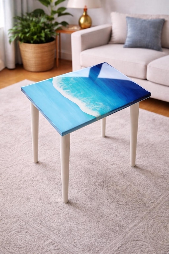Side Table Ocean Wave Art High Gloss Resin Beach Decor