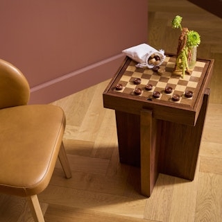 Side Table Walnut Checkerboard with Architectural Cross Base