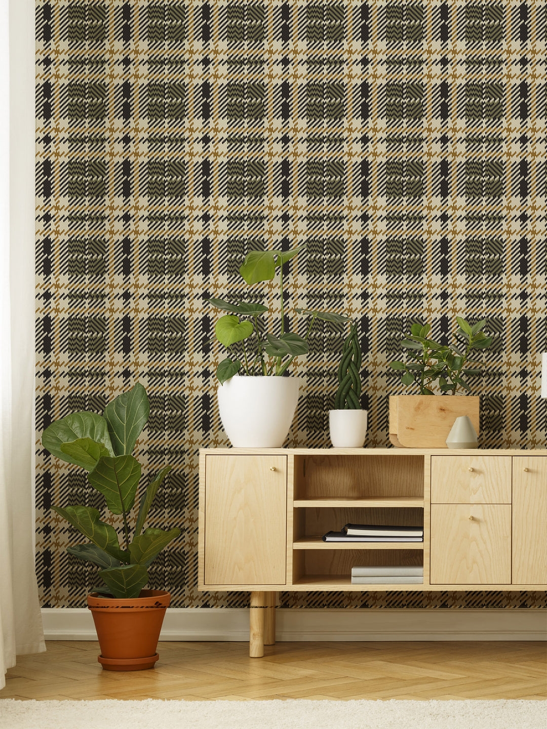 Sideboard Wood Lawn Olive Plaid Pattern Wallpaper