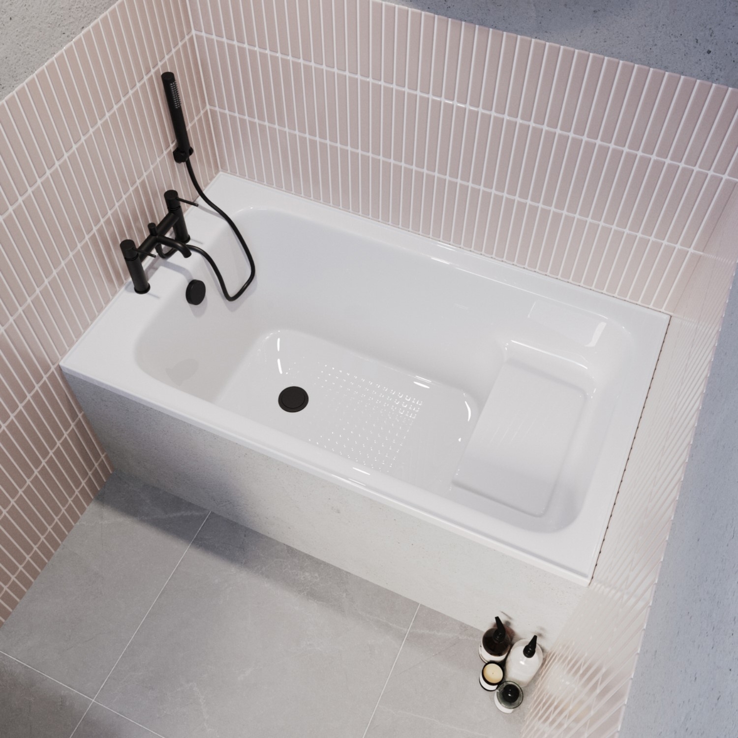 Single Ended Bath with Vertical Stack Tiling and Black Taps