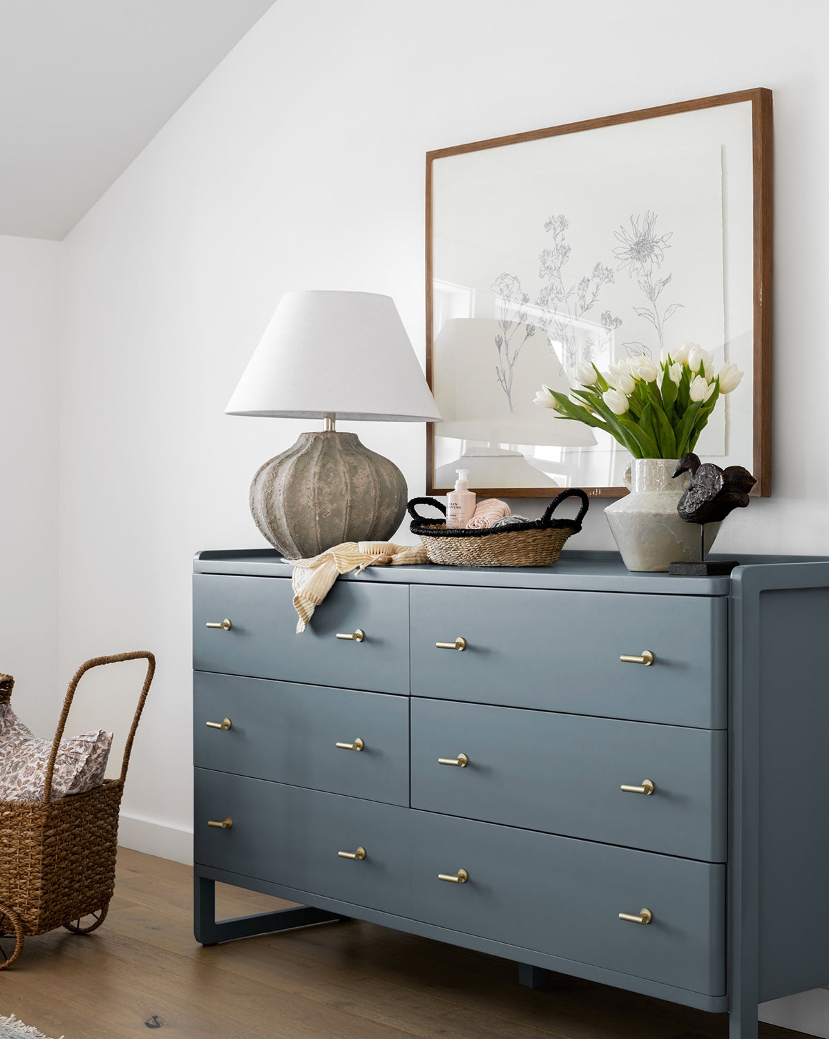 Six Drawer Dresser Slate Blue Finish Cylindrical Brass Knobs