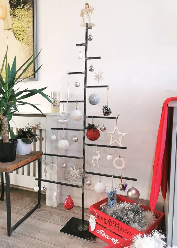 Skeletal Metal Christmas Tree With Industrial Tiered Frame