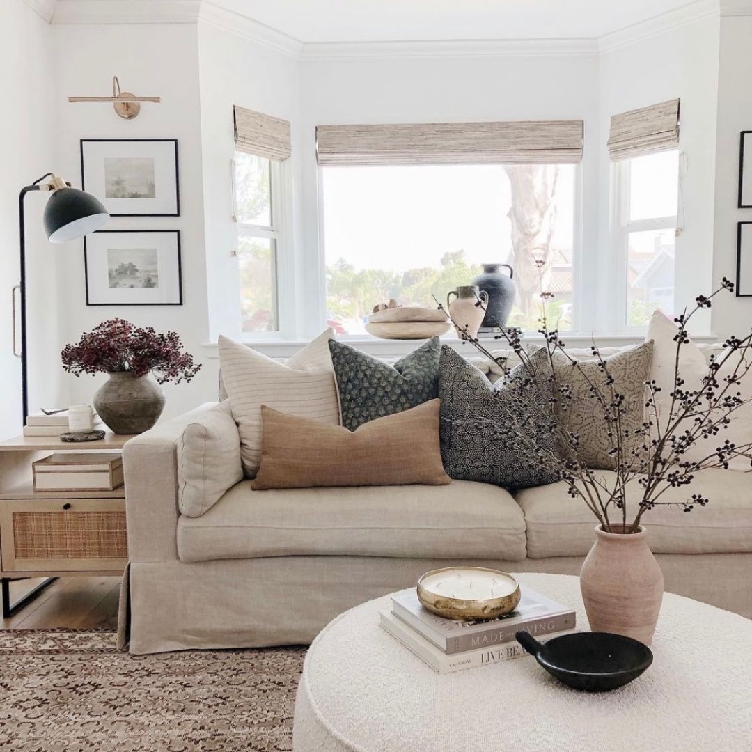 Skirted Sofa: Layered Textiles and Rattan Accent Furniture