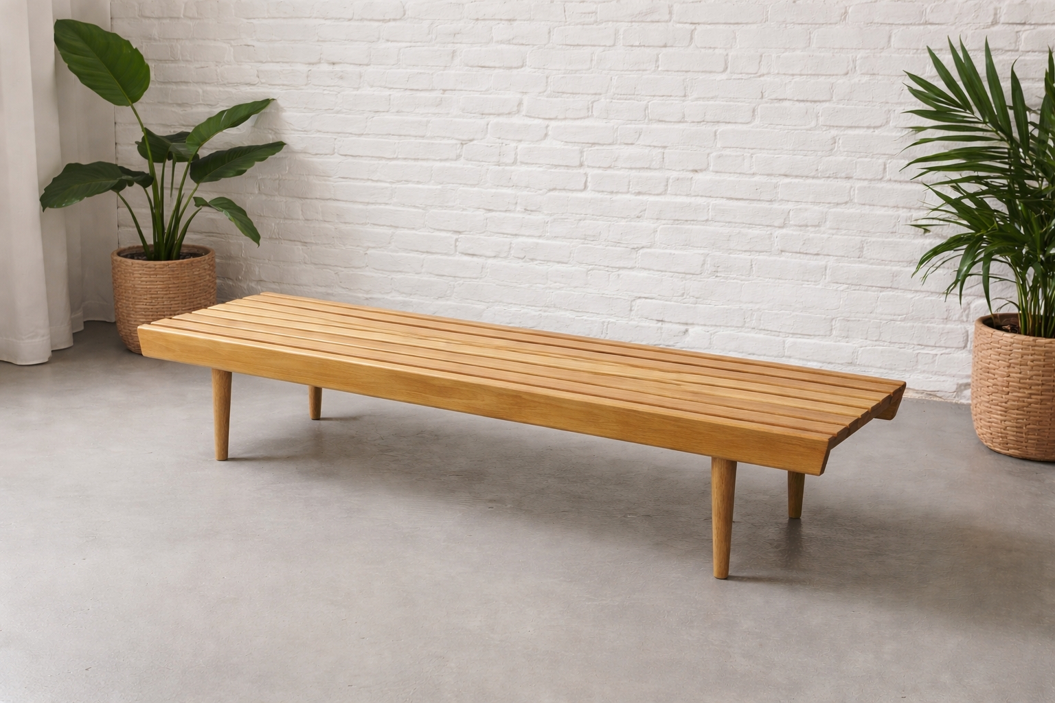 Slat Bench Elongated Form Slatted Top Tapered Leg Bench