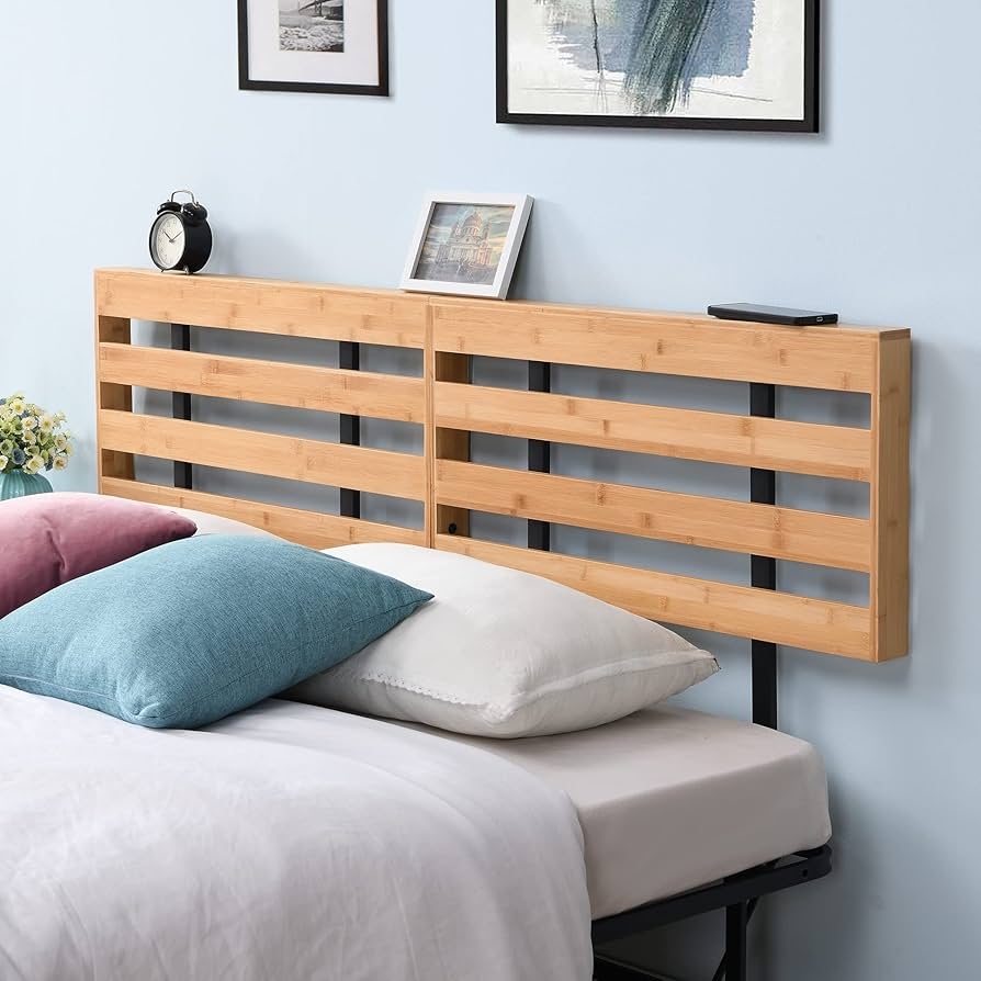 Slatted Headboard Adjustable Height Bamboo Slats Minimalist Bed Shelf
