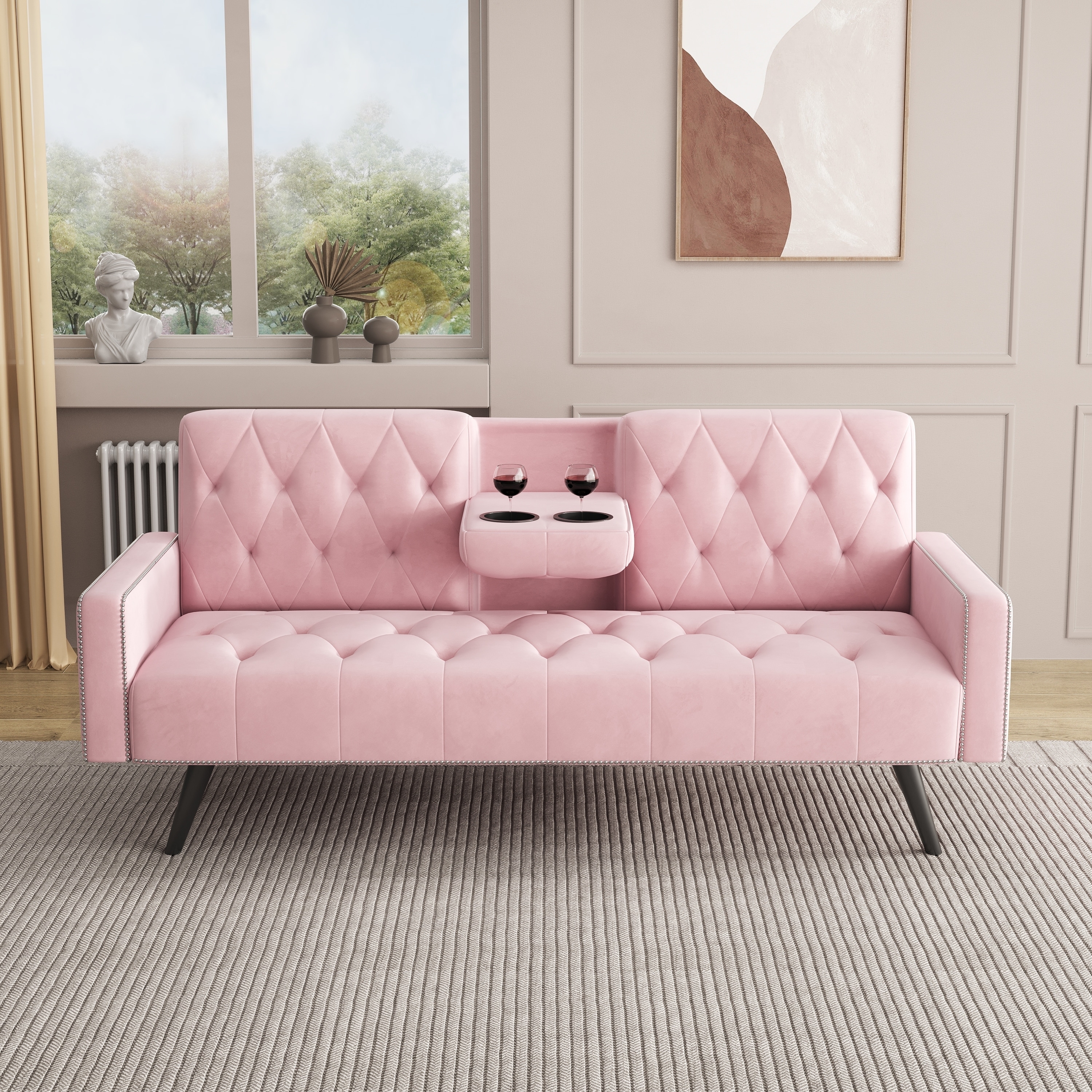 Sleeper Sofa with Folding Cup Holder Table in Blush Velvet