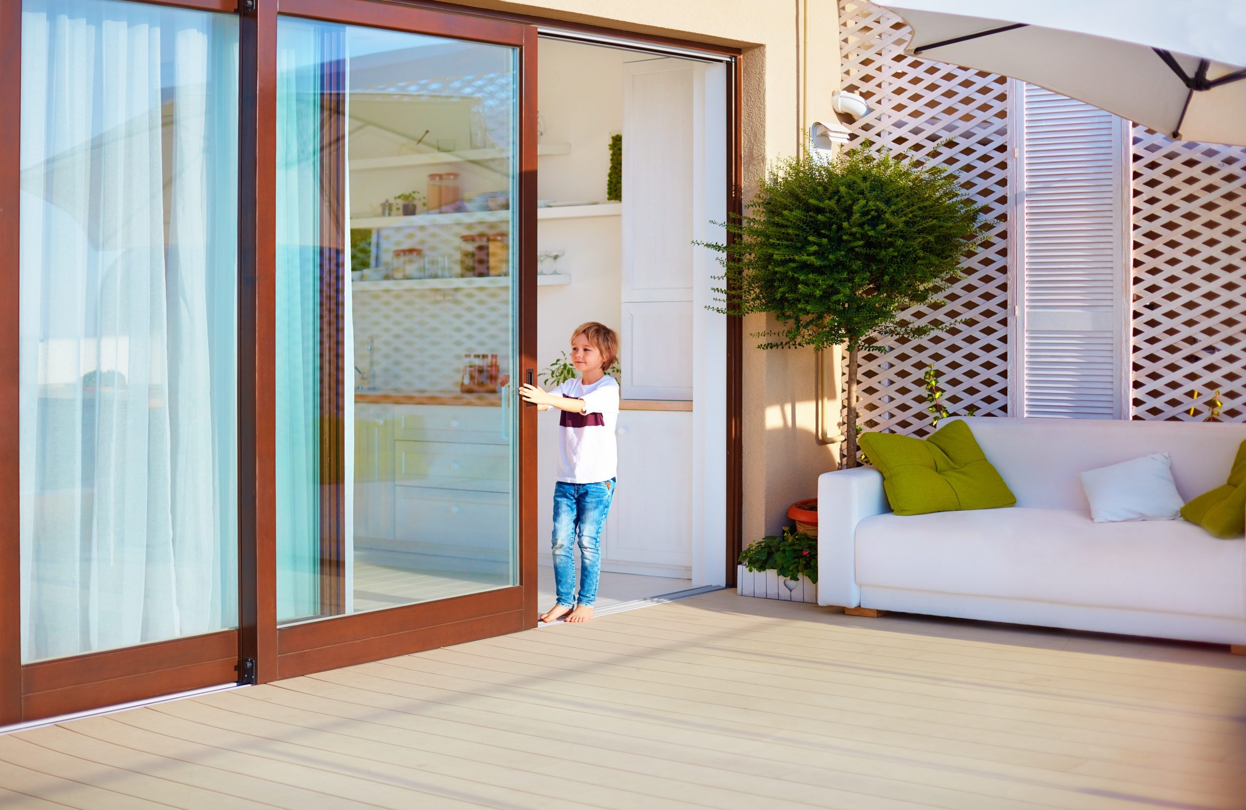 Sliding Door: Walnut Toned Frame Sheer Drapery Kitchen Decor
