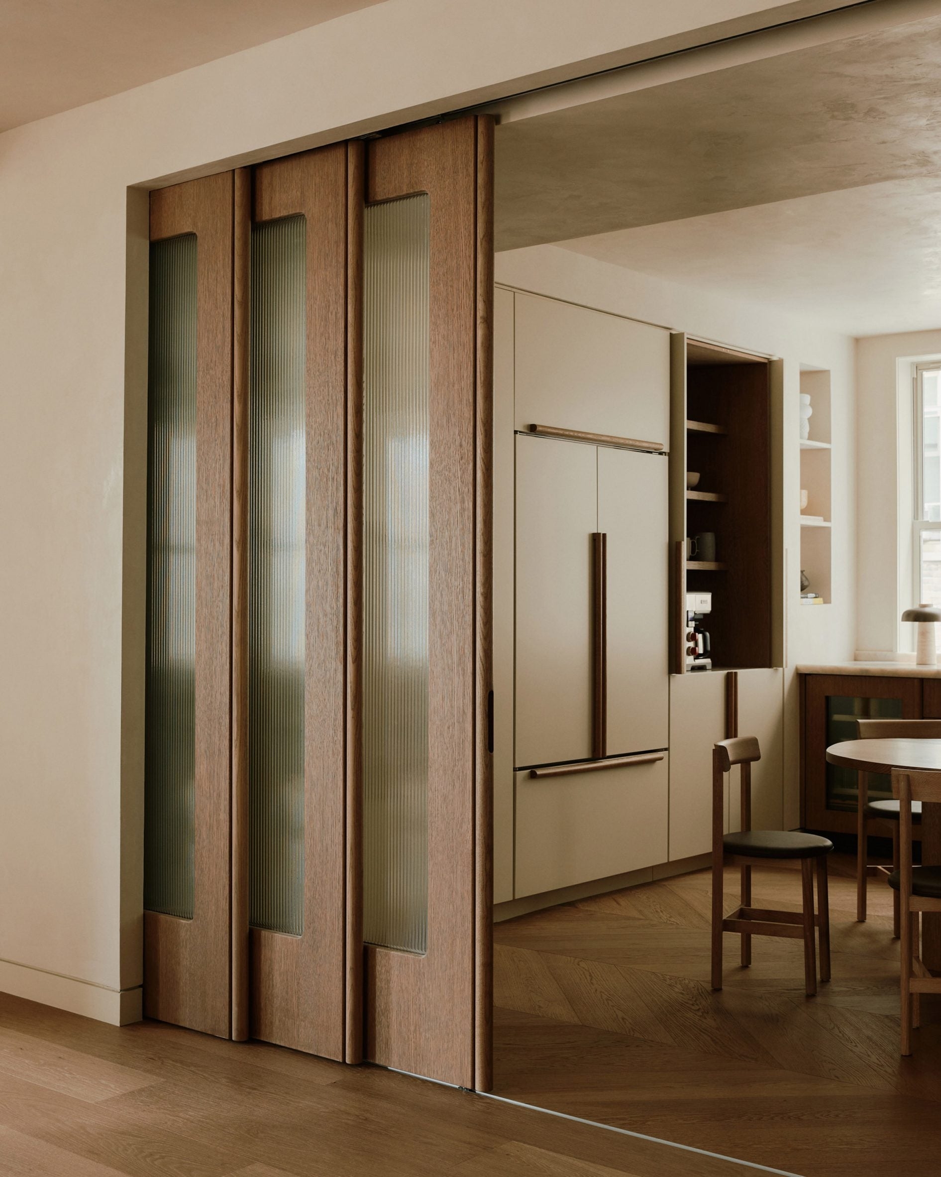 Sliding Doors: Fluted Glass Panels Telescoping Kitchen Divider