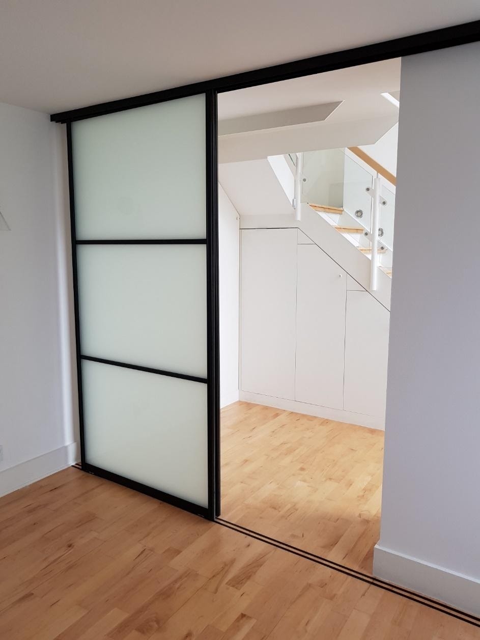 Sliding Room Divider: Black Metal Frame Frosted Interior Door