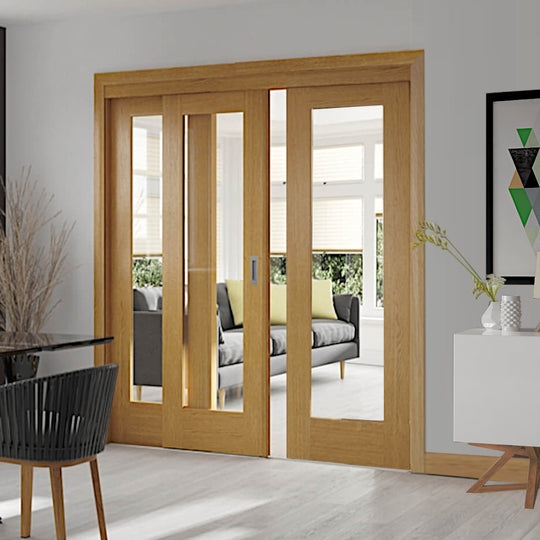 Sliding Room Divider: Large Clear Glazing Oak Toned Glass Doors