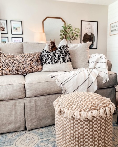 Slipcover Sofa in Linen Beige with Textured Weave Base
