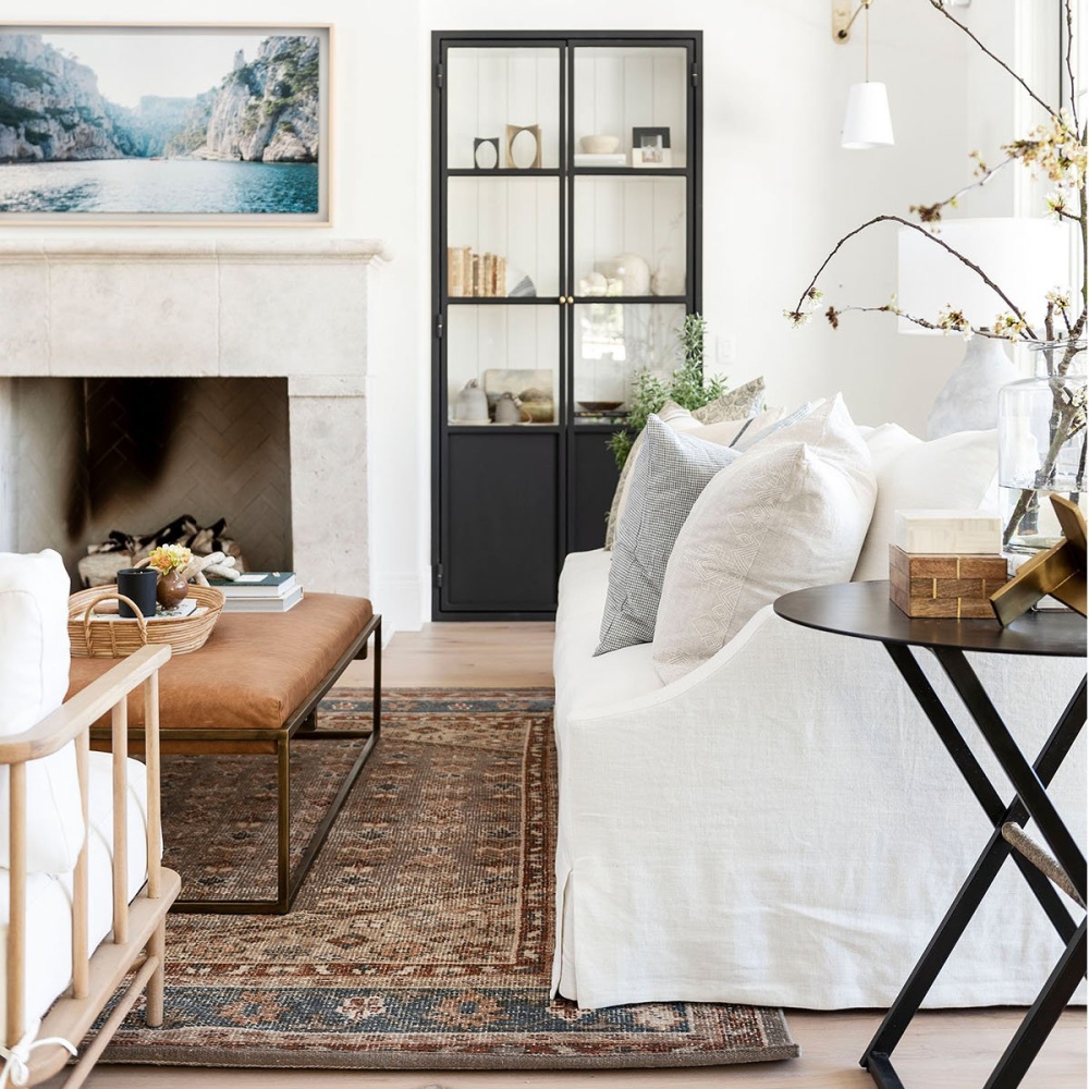 Slipcovered Sofa with Slipcovered Base and Cognac Leather Ottoman