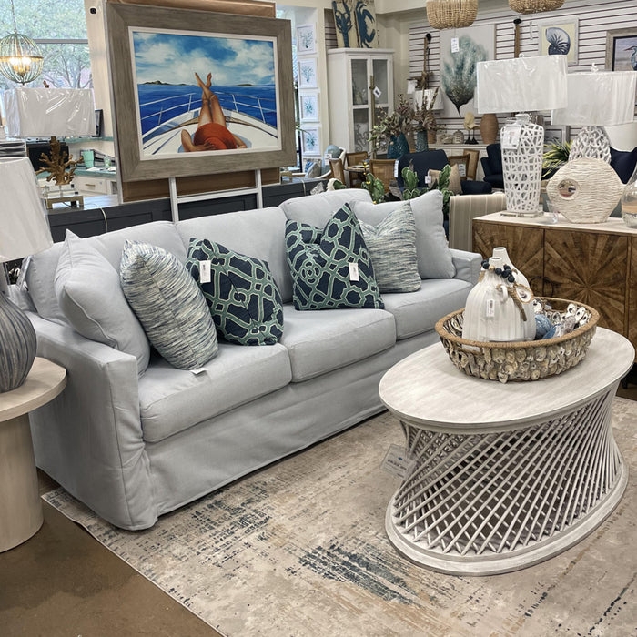 Slipcovered Sofa with Track Arm and Slatted Pedestal