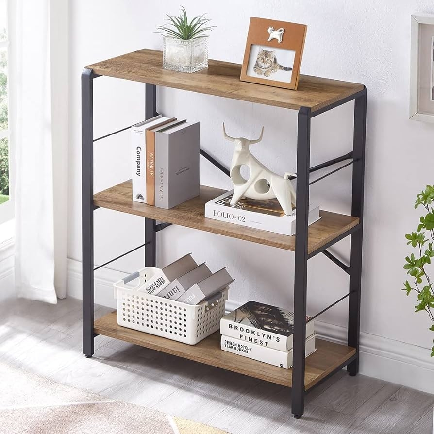 Small Bookshelf Rustic 3-Tier Shelving with Compact X-Frame