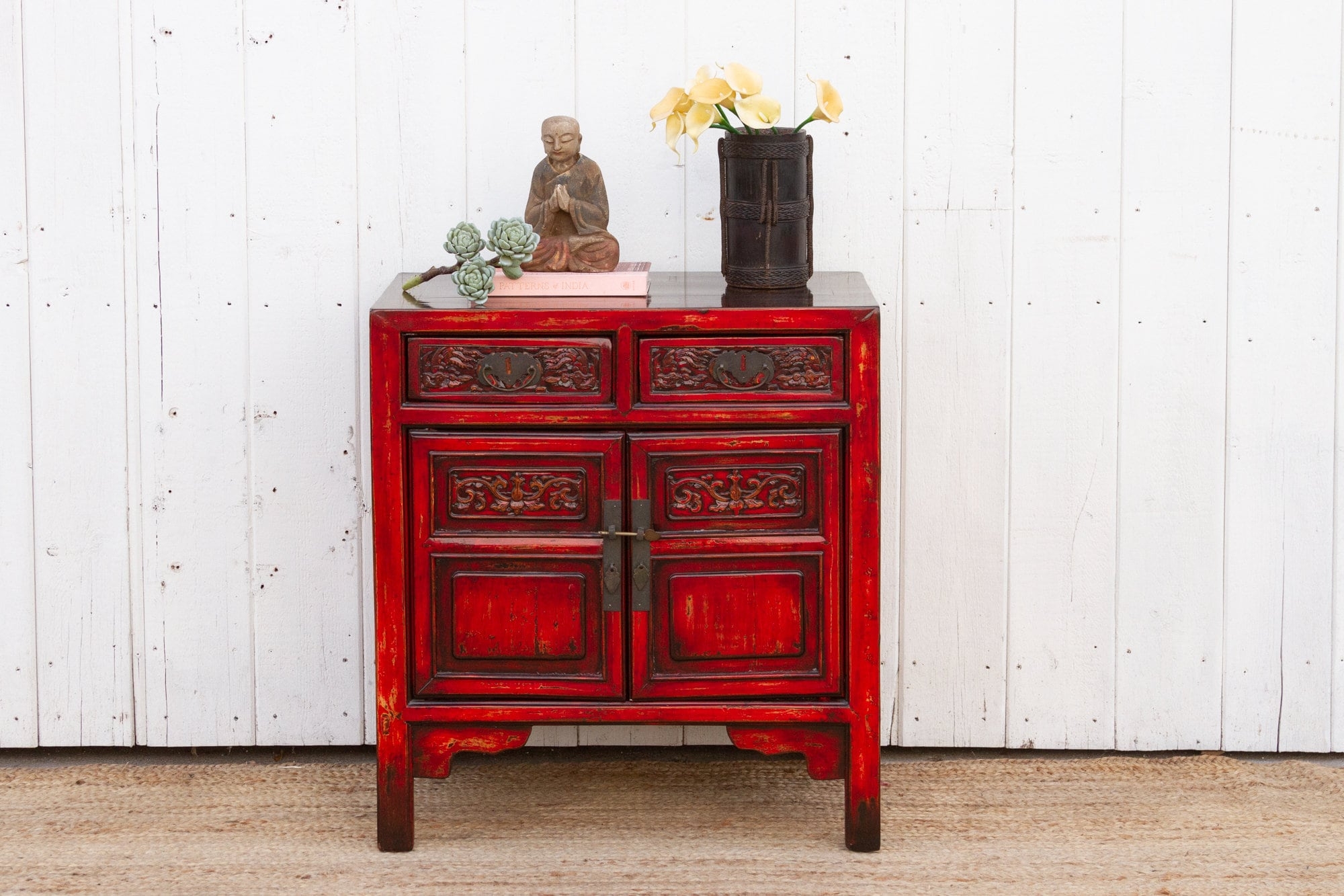 Small Cabinet Oxblood Asian Nightstand with Hand Carved Details