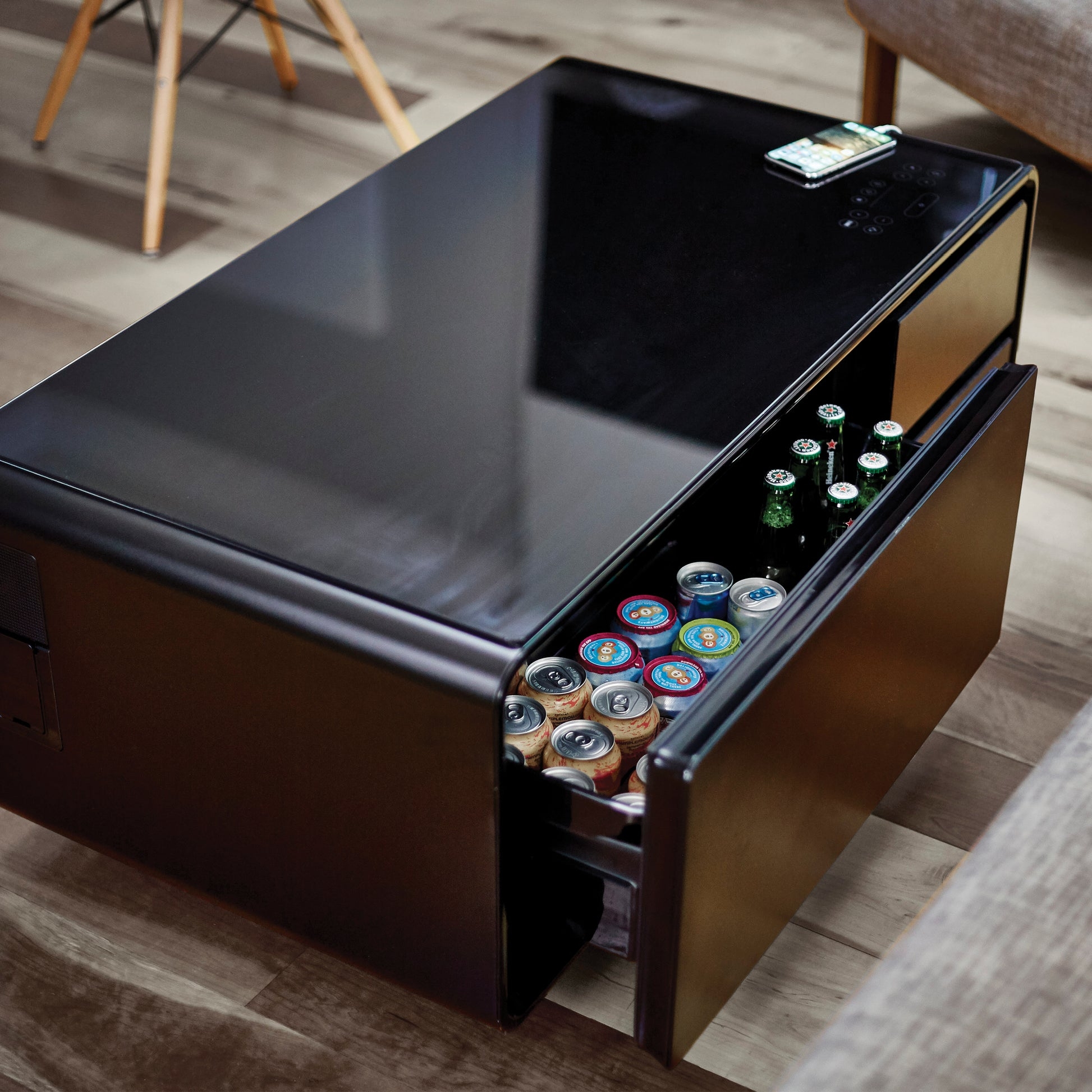 Smart Entertainment Table with LED Interface and Black Smart Coffee Table