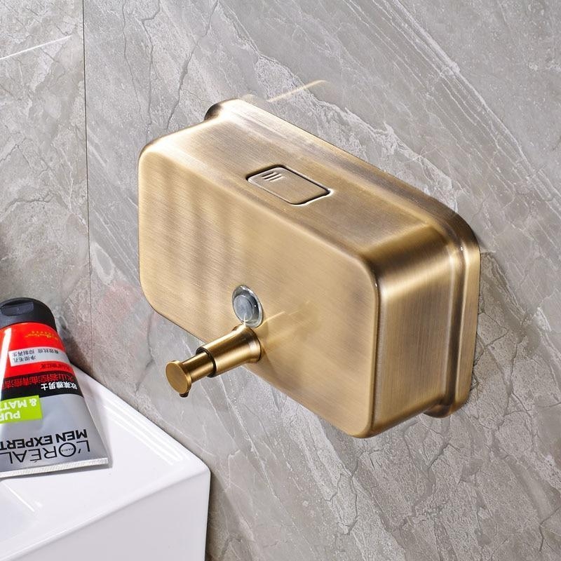 Soap Dispenser Antique Brass Horizontal Rectangular Metal Body