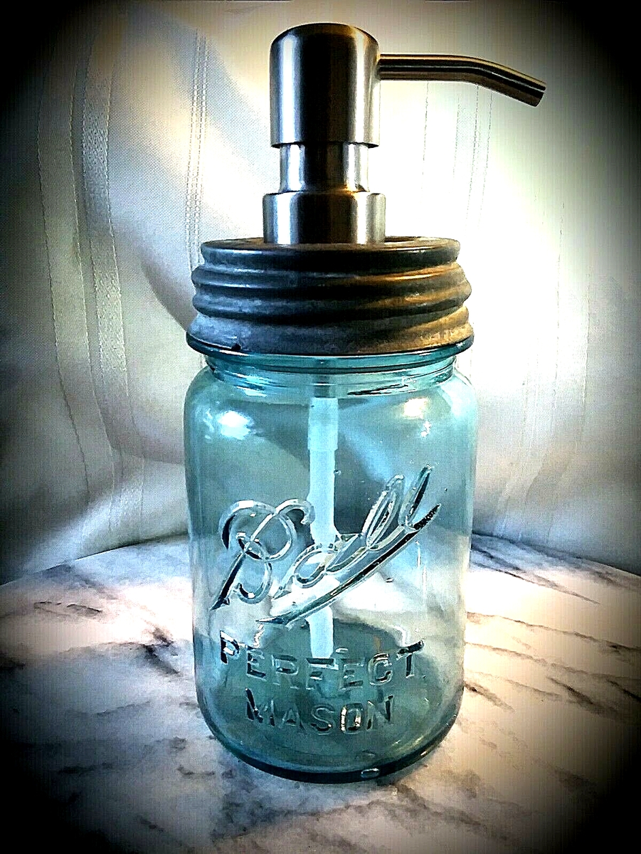 Soap Dispenser Aqua Blue Glass Embossed Ball Logo Zinc Lid