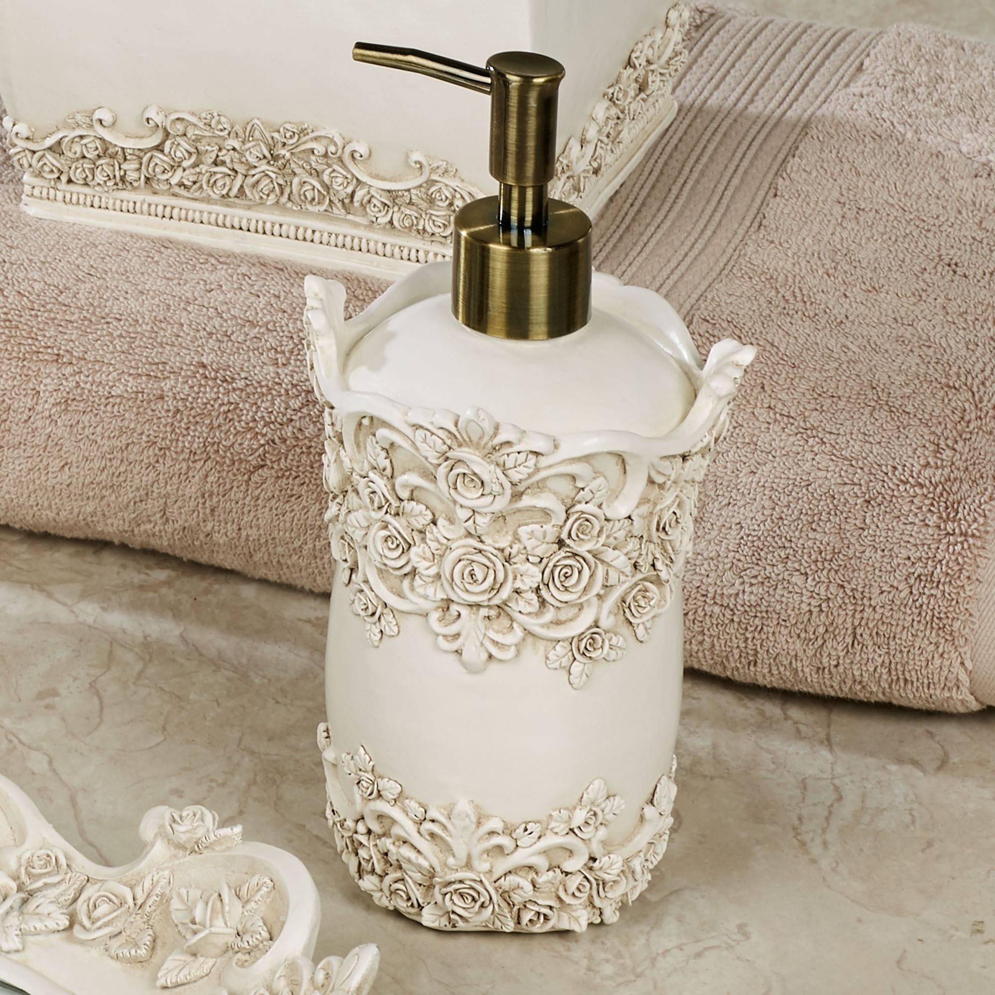 Soap Dispenser Dimensional Rose Carvings Antique Ivory Finish