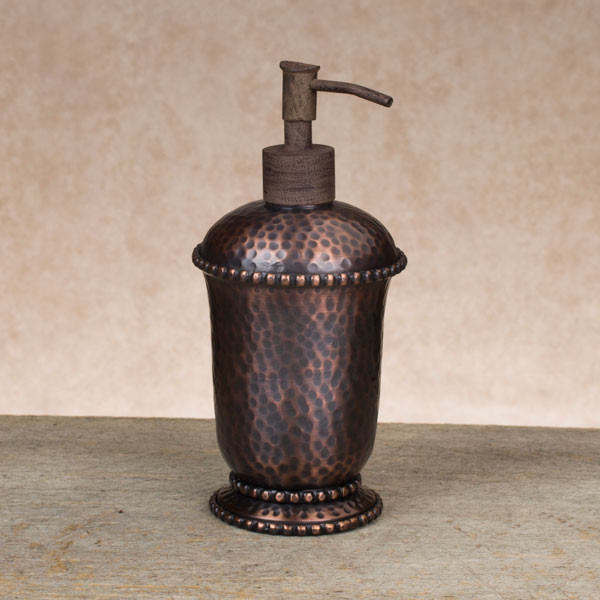 Soap Dispenser Hammered Metal Body Double Beaded Accents Copper