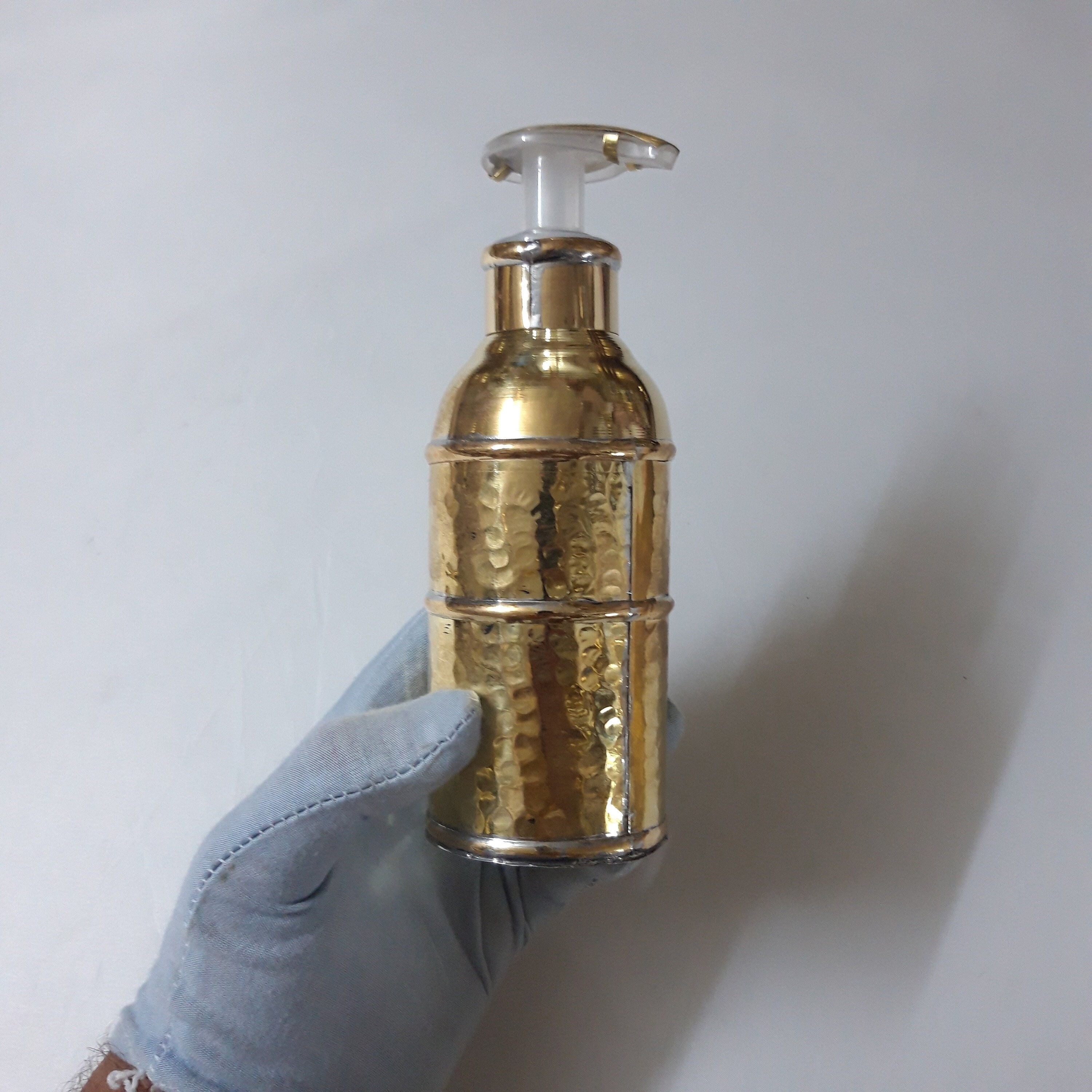 Soap Dispenser Hammered Texture Unlacquered Brass Three Tier