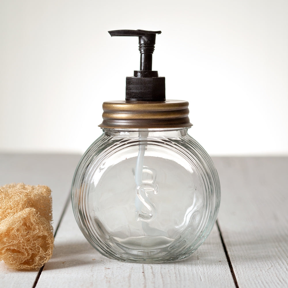 Soap Dispenser Ribbed Glass Antique Brass Lid Embossed Detail