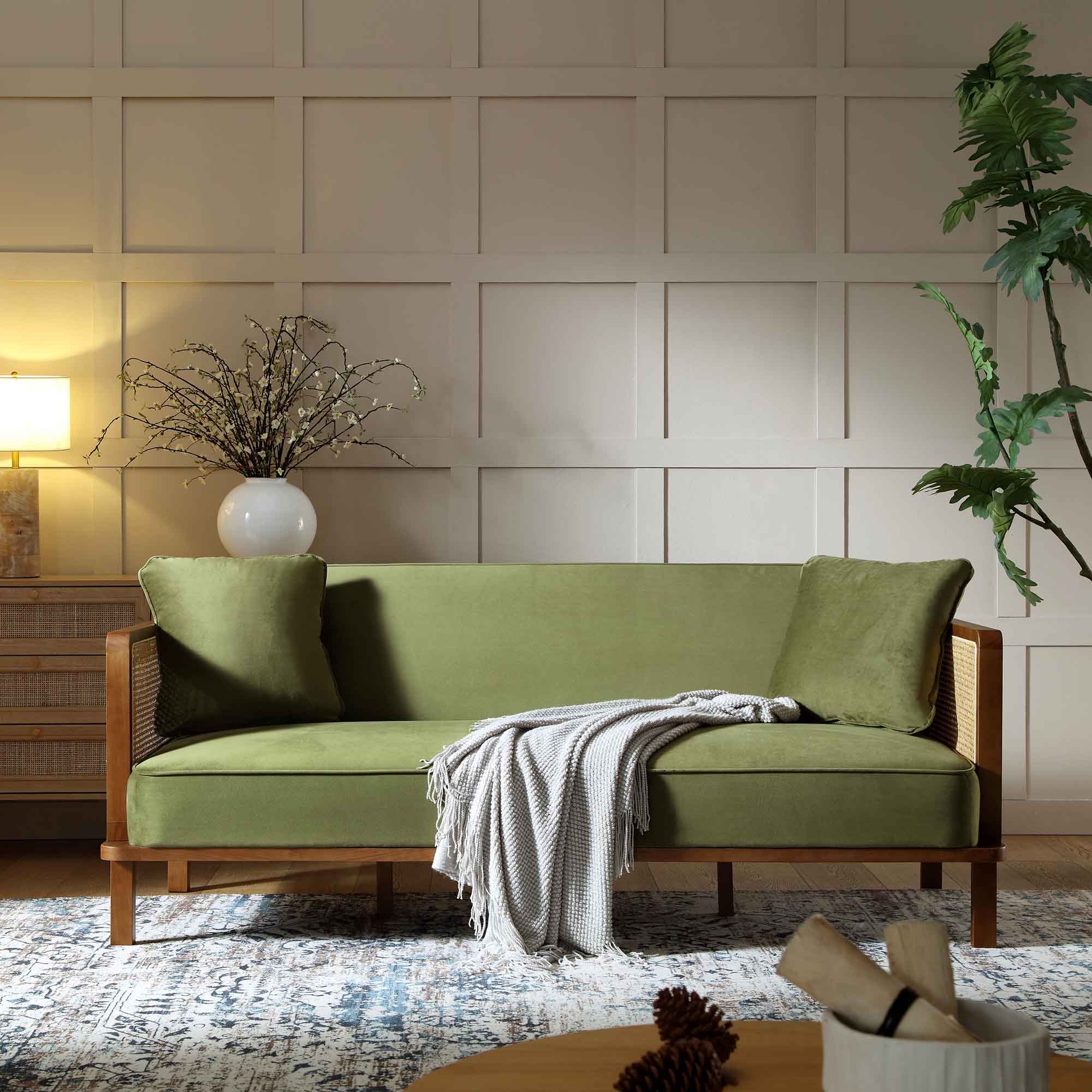 Sofa Bed Moss Green Velvet Walnut Frame Cane Panel