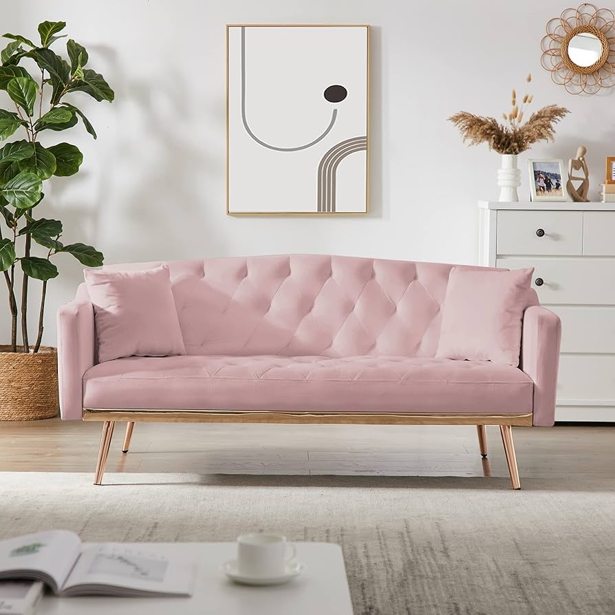 Sofa Bed with Diamond Tufting and Polished Metallic Base