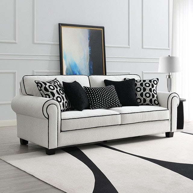 Sofa Black Piping Rolled Arms White Chenille Fabric
