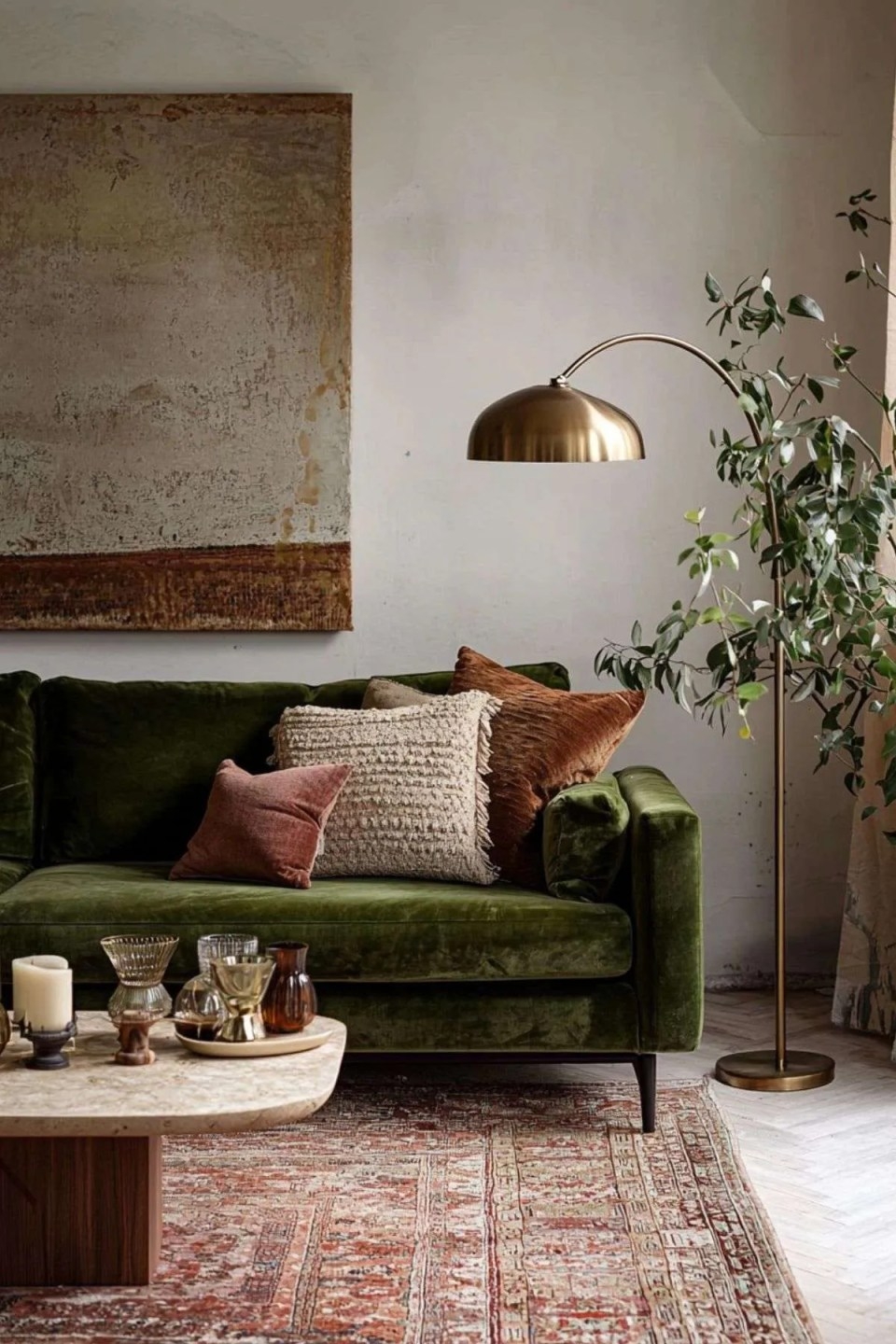 Sofa Brass Arc Lamp Styling Earth Tone Velvet Decor