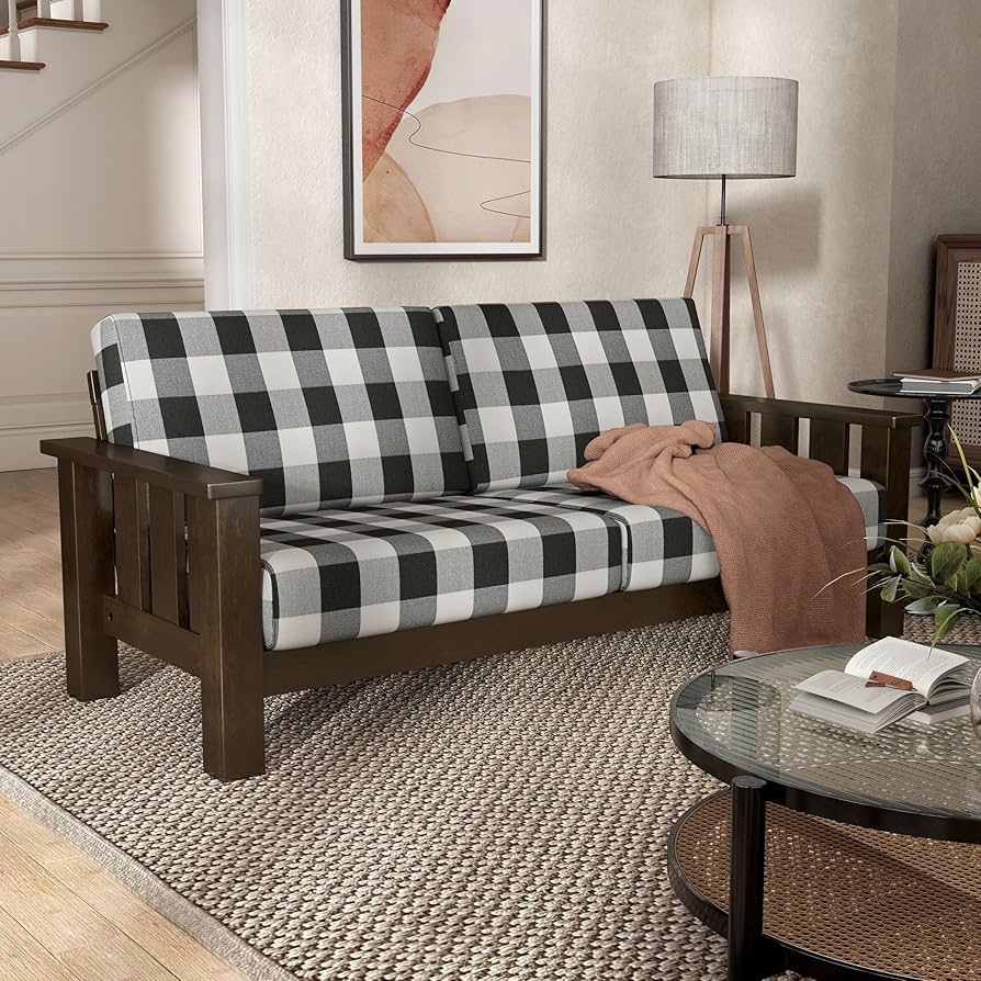 Sofa Buffalo Check White Upholstery Slatted Wood Frame
