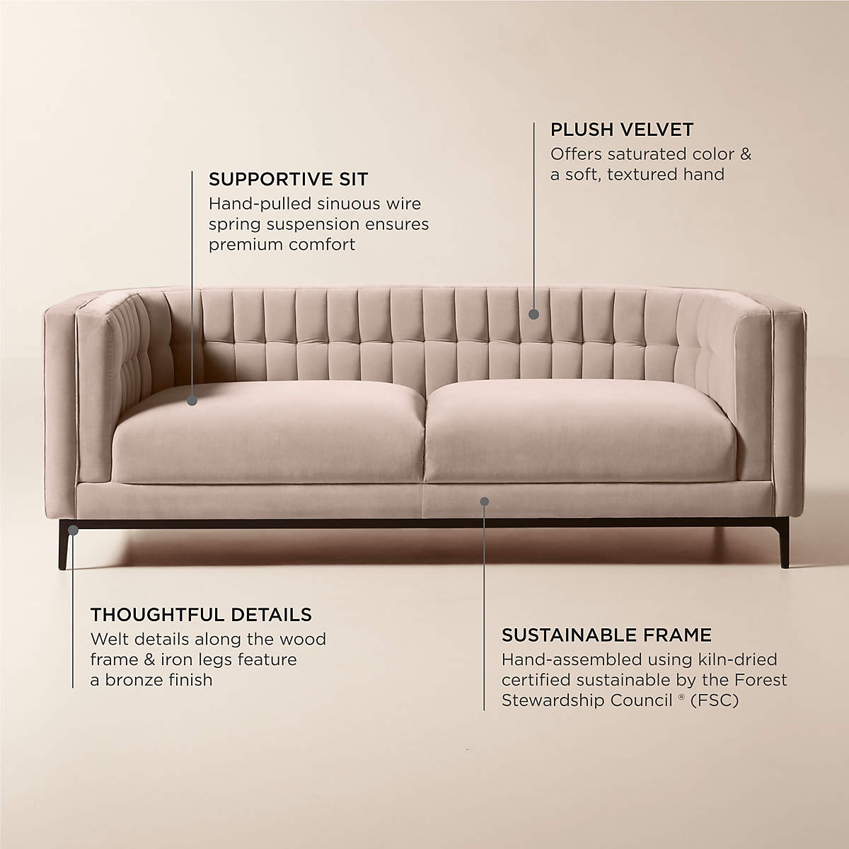 Sofa Channel Tufted Tuxedo Couch Light Taupe Velvet Bronze Iron Leg