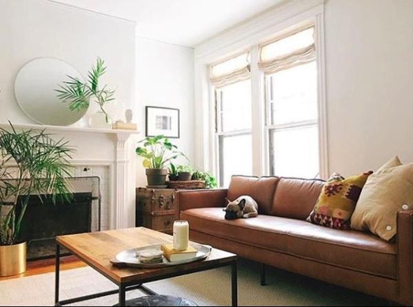 Sofa: Cognac Leather Sofa Styling with Round Mantel Mirror