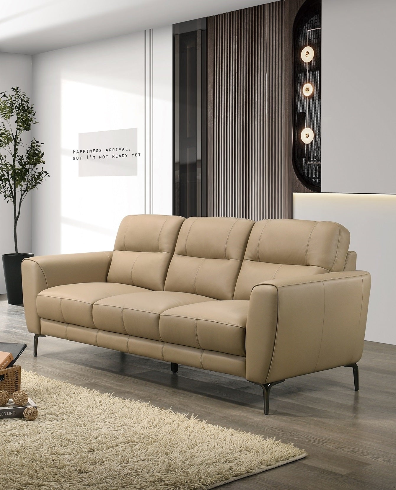 Sofa Contemporary Three Seater Sofa Horizontal Stitching Slim Metal