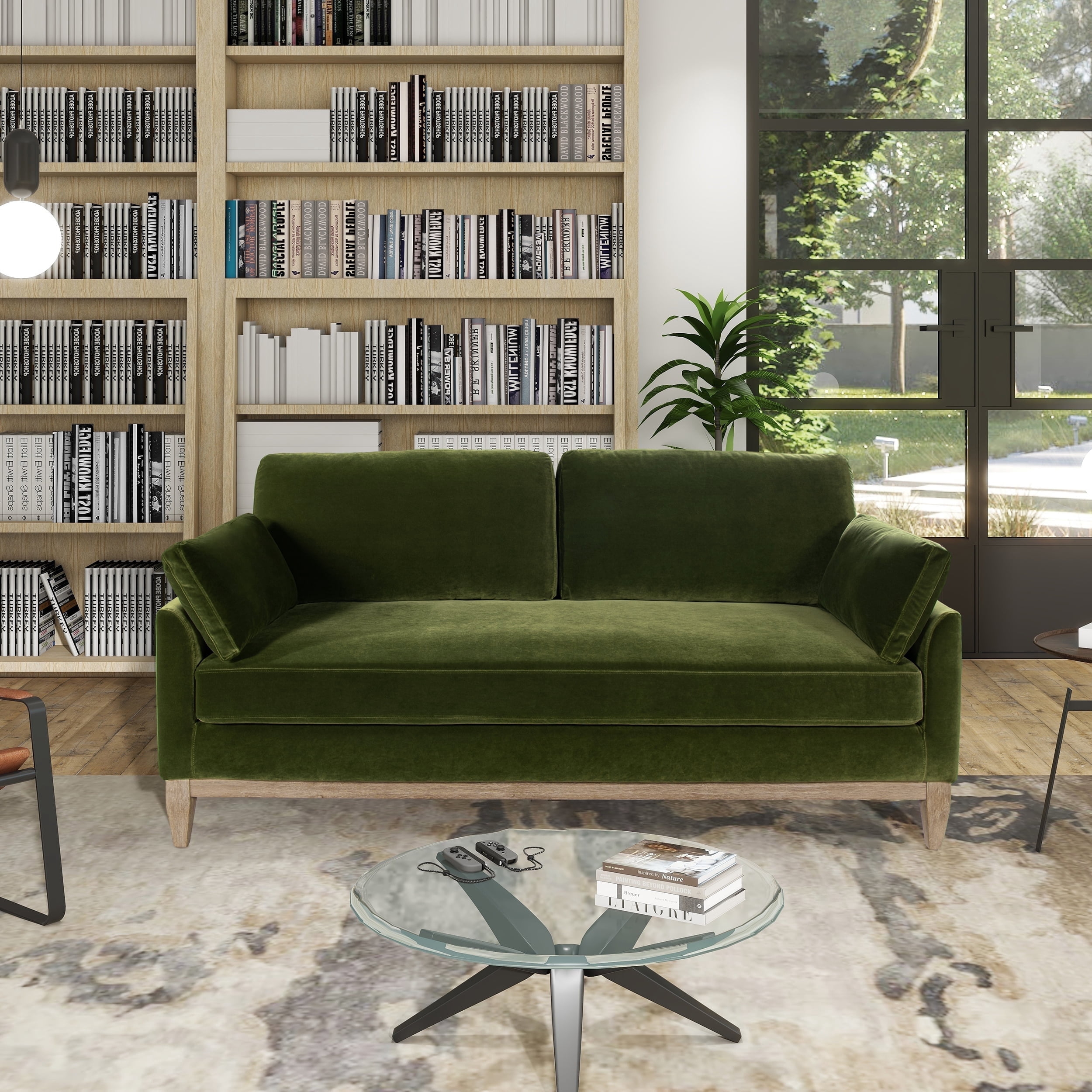 Sofa Exposed Wood Frame Modern Farmhouse Green Velvet