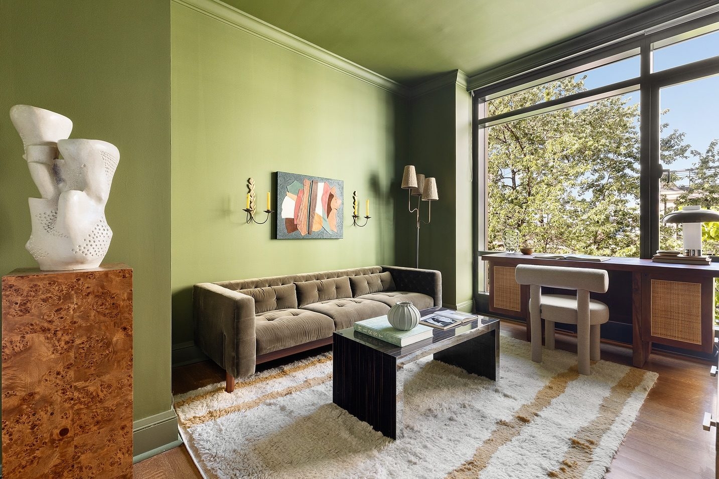 Sofa Grid Tufted Velvet Olive Green Color Drenching