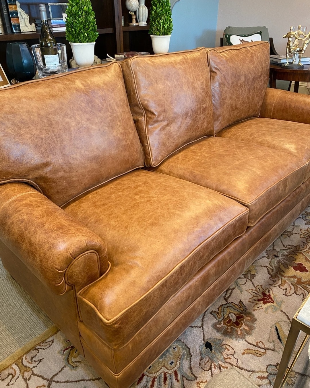 Sofa in Cognac Tan with Rustic Luxe Three Seat Design