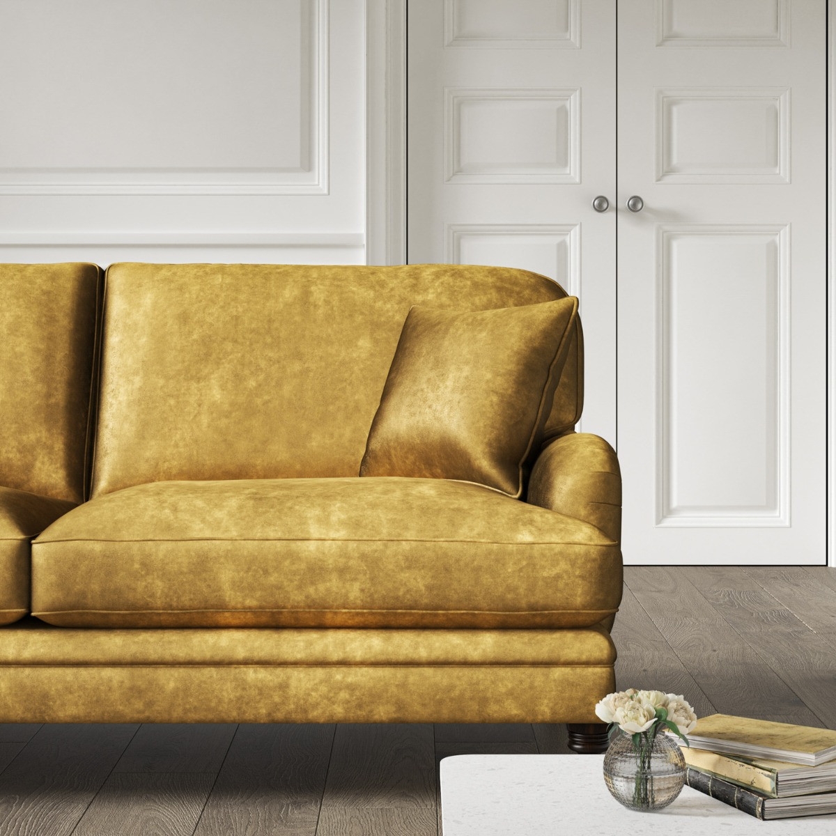 Sofa in Lusso Yellow Fabric with Mottled Texture and Turned Legs