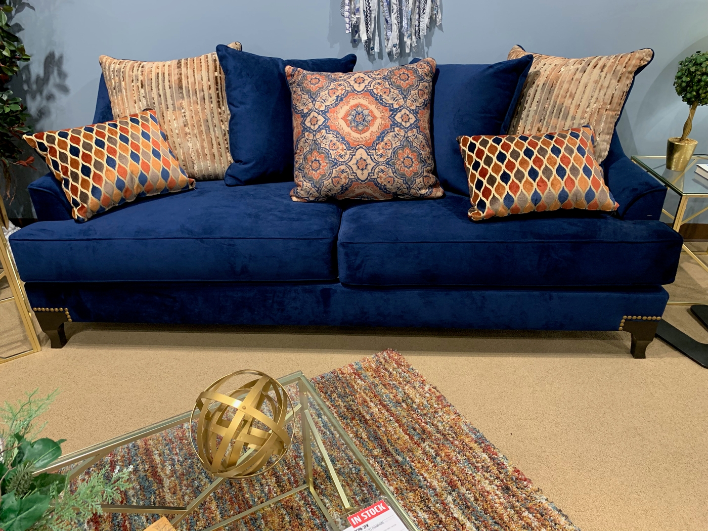 Sofa Nailhead Detail Navy Blue Velvet Mixed Print