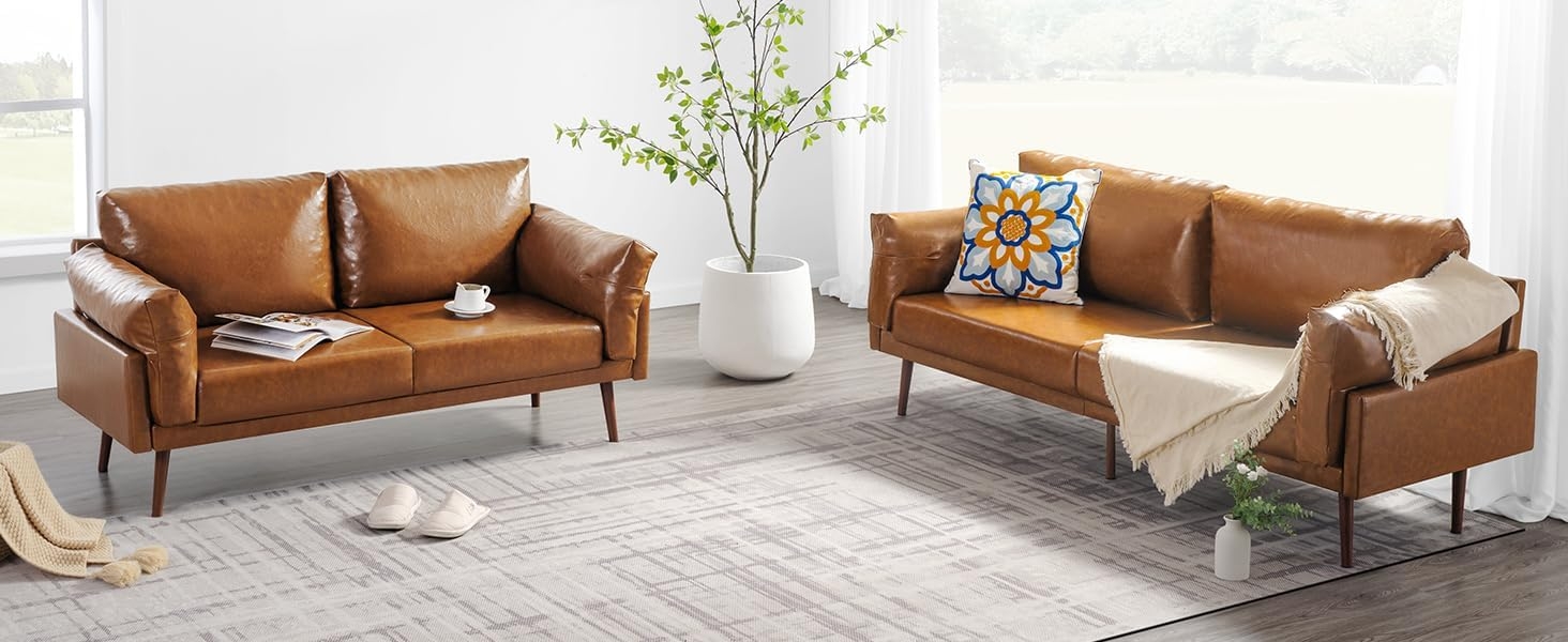 Sofa Padded Arms Tapered Legs Faux Leather Sofa Set