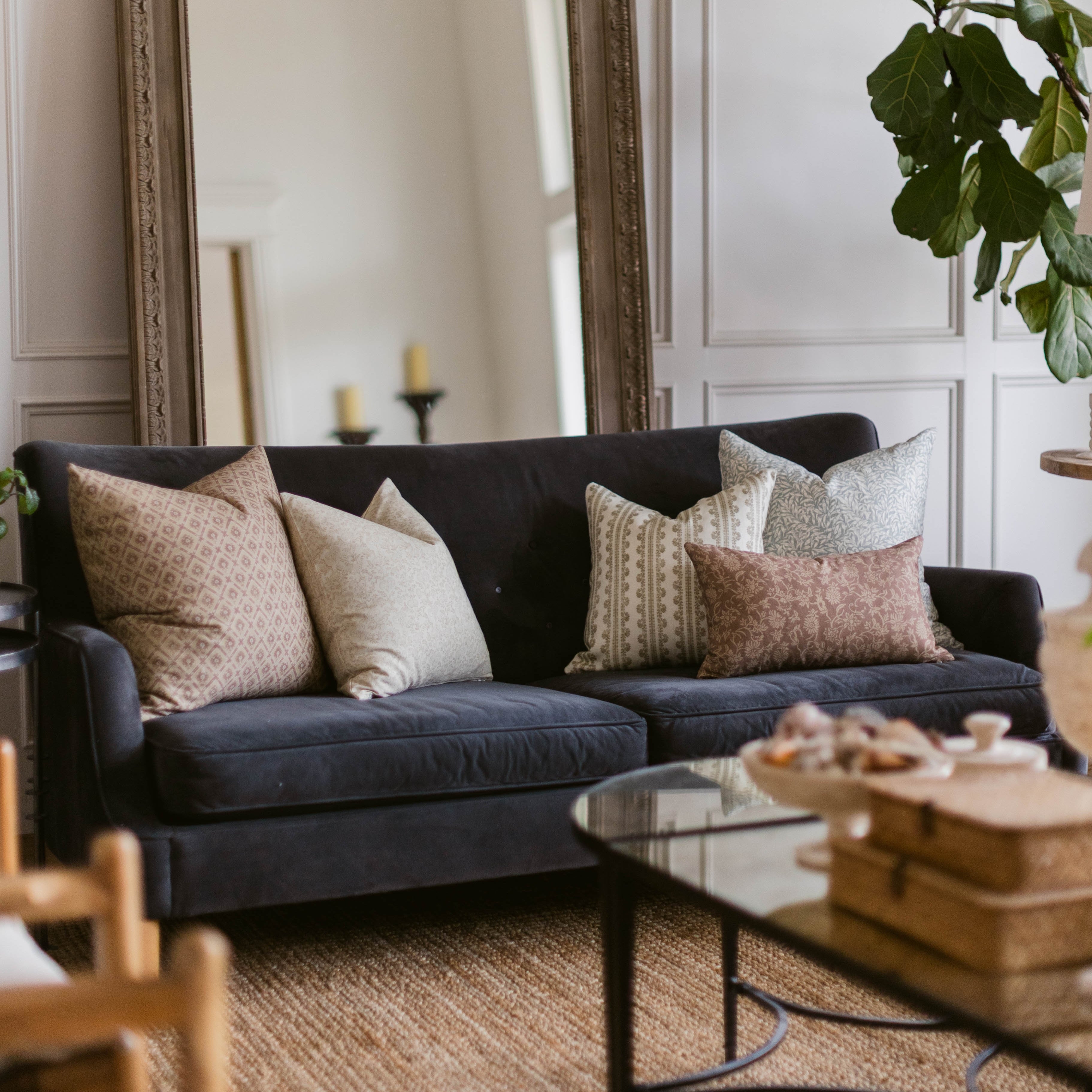 Sofa Pillows: Earthy Palette Mixed Pattern Pillow Styling