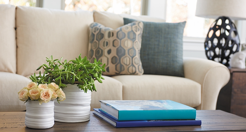 Sofa Ribbed Vases Rolled Arms Coastal Farmhouse Living Room