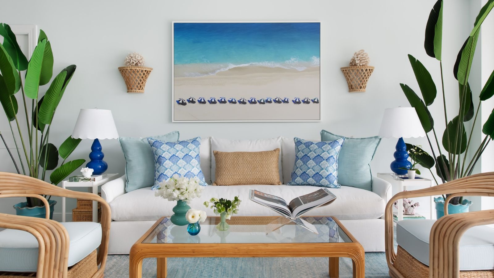 Sofa Scalloped Shades Rattan Coastal Living Room Decor