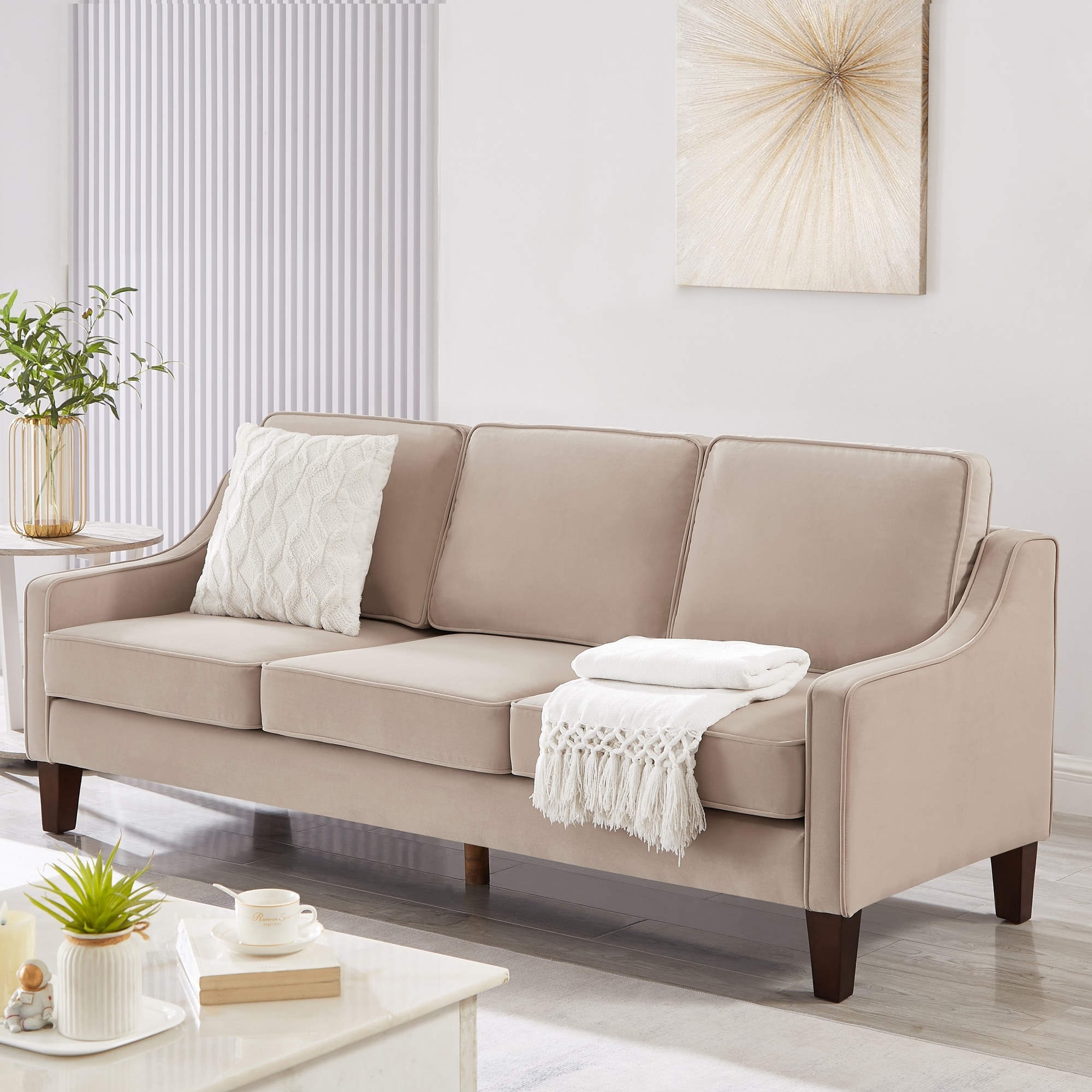 Sofa Scooped Armrest Couch Taupe Velvet Modern Transitional Settee