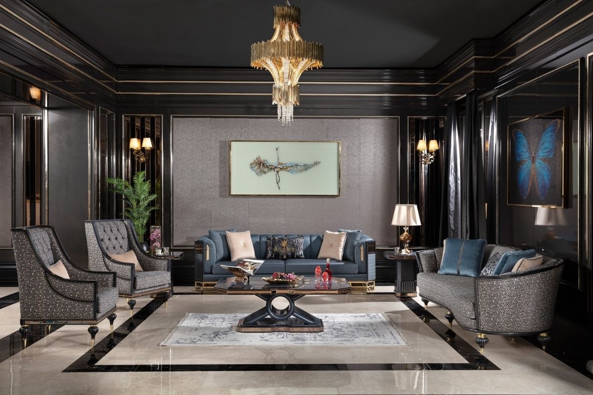 Sofa Set featuring Teal Blue Accent Sofa and Gold Details