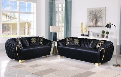 Sofa Set in Midnight Black with Hollywood Regency Decor