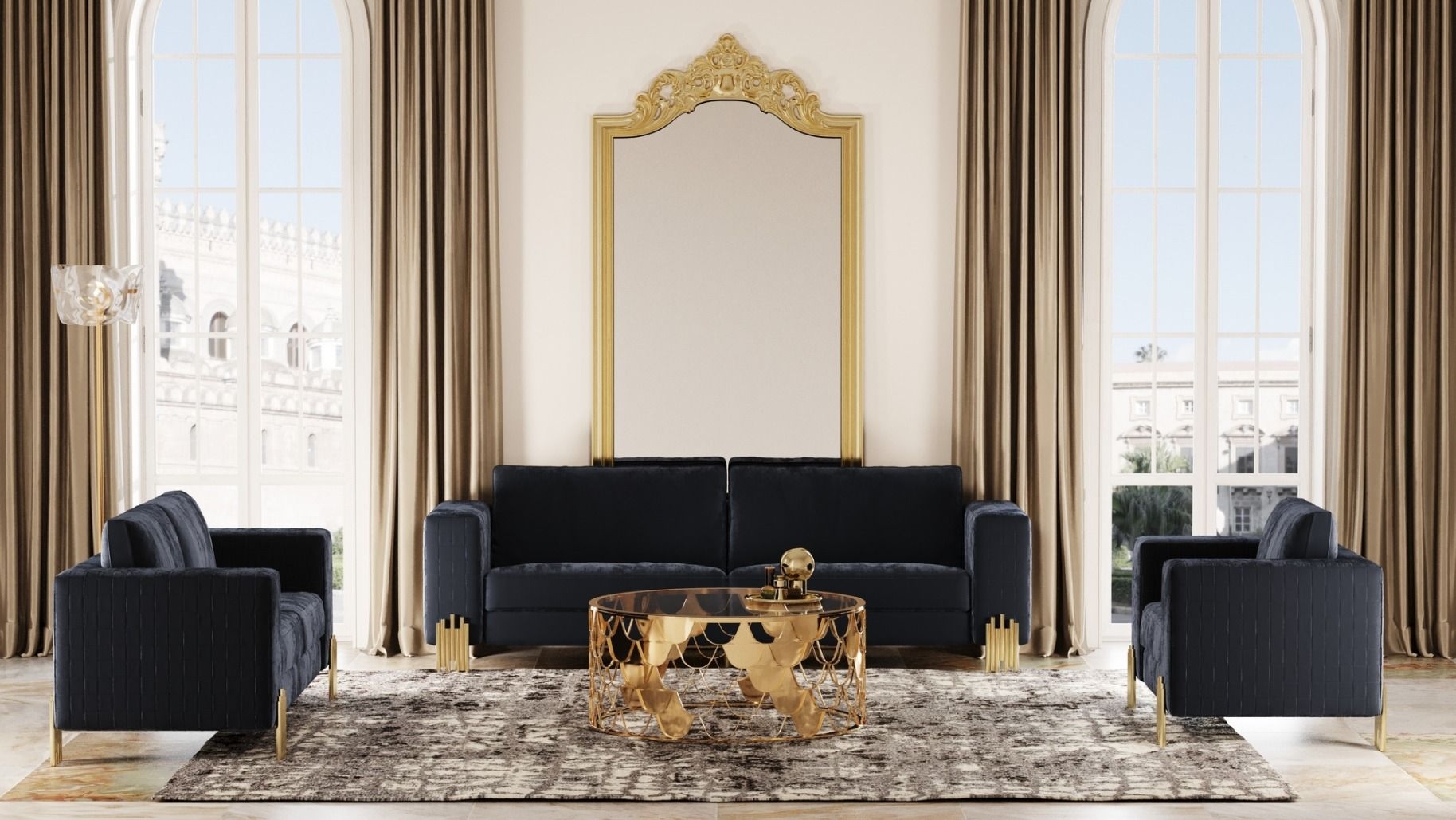 Sofa Set including Vertical Gold Legs and Velvet Seating